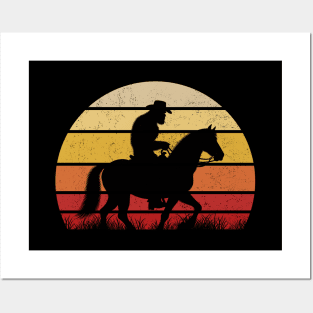 Cowboy Bigfoot Sasquatch Riding A Horse Vintage Sunset Country Posters and Art